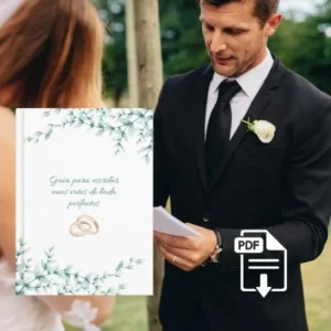Pareja de novios, él leyendo votos de boda con portada de guía superpuesta y icono de descarga PDF