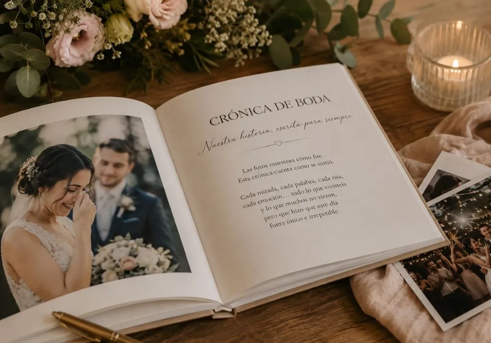 Crónica de boda abierta sobre la mesa de madera donde se pueden ver muestras de las fotos que se han incluido en ella