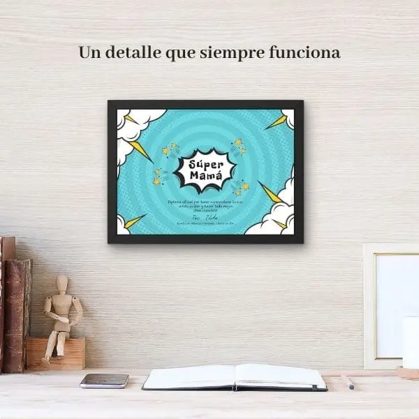 diploma para mamá tipo comic enmarcado
