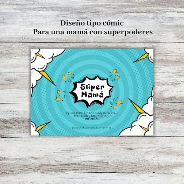 Diseño diploma súper mamá divertido estilo cómic