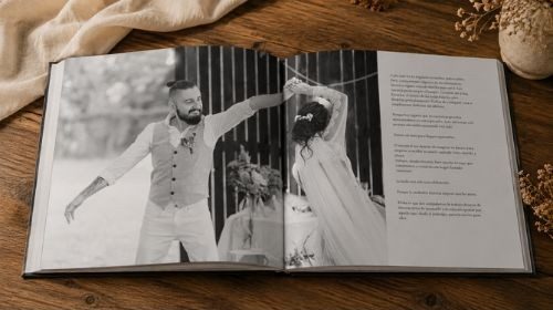 libro de boda abierto sobre la mesa con una foto del baile nupcial y la descripción de ese momento junto a ella.