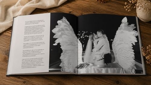 libro de boda abierto con una fotografia de los novios durante el banquete