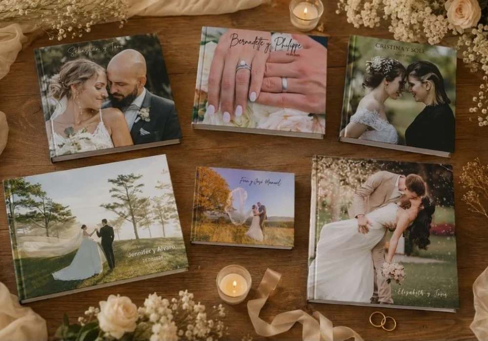 libros de boda personalizados sobre una mesa de madera