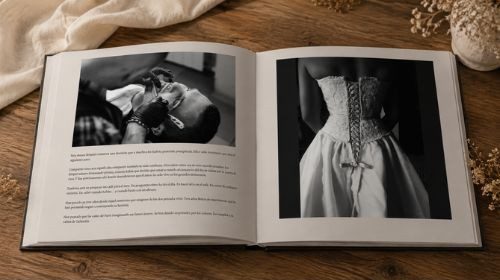 libro de boda abierto con fotos de los novios arreglandose