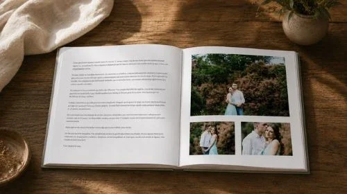 libro sobre mesa con la historia de amor de la pareja y las fotos de la preboda
