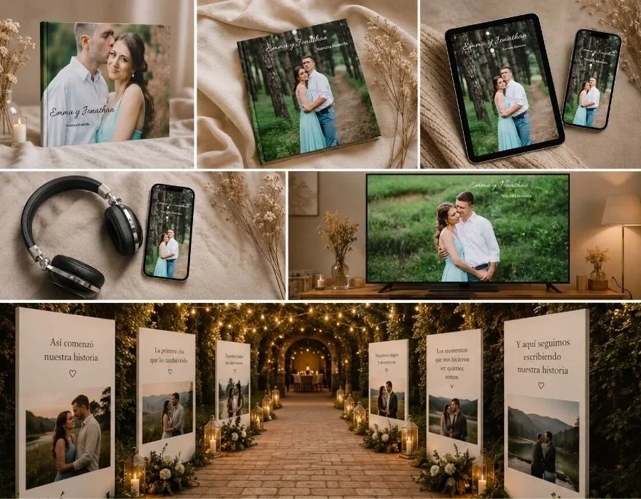 collage de posibilidades para inmortalizar la preboda: libro con fotos, ebook, audiolibro, video y galeria de fotos