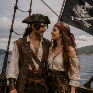 pareja vestida de piratas para sus fotos de preboda