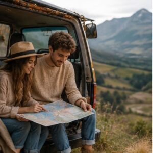 Pareja sentada en su camper mientras miran el mapa de su viaje