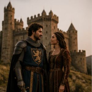 con un castillo de fondo la pareja se ha disfrazado para evocar el estilo medieval para sus fotos de preboda