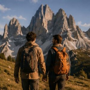Pareja de hombres realizando un viaje a los Alpes con sus mochilas
