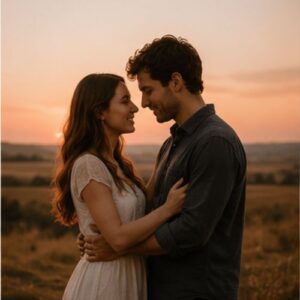 pareja abrazada a punto de besarse durante el atardecer