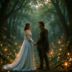 temática de fantasía para las fotos de preboda. Una pareja está en un bosque al atardecer y rodeados de luciérnagas. Ella lleva un vestido largo y blanco como de novia y el va a lo Robin Hood