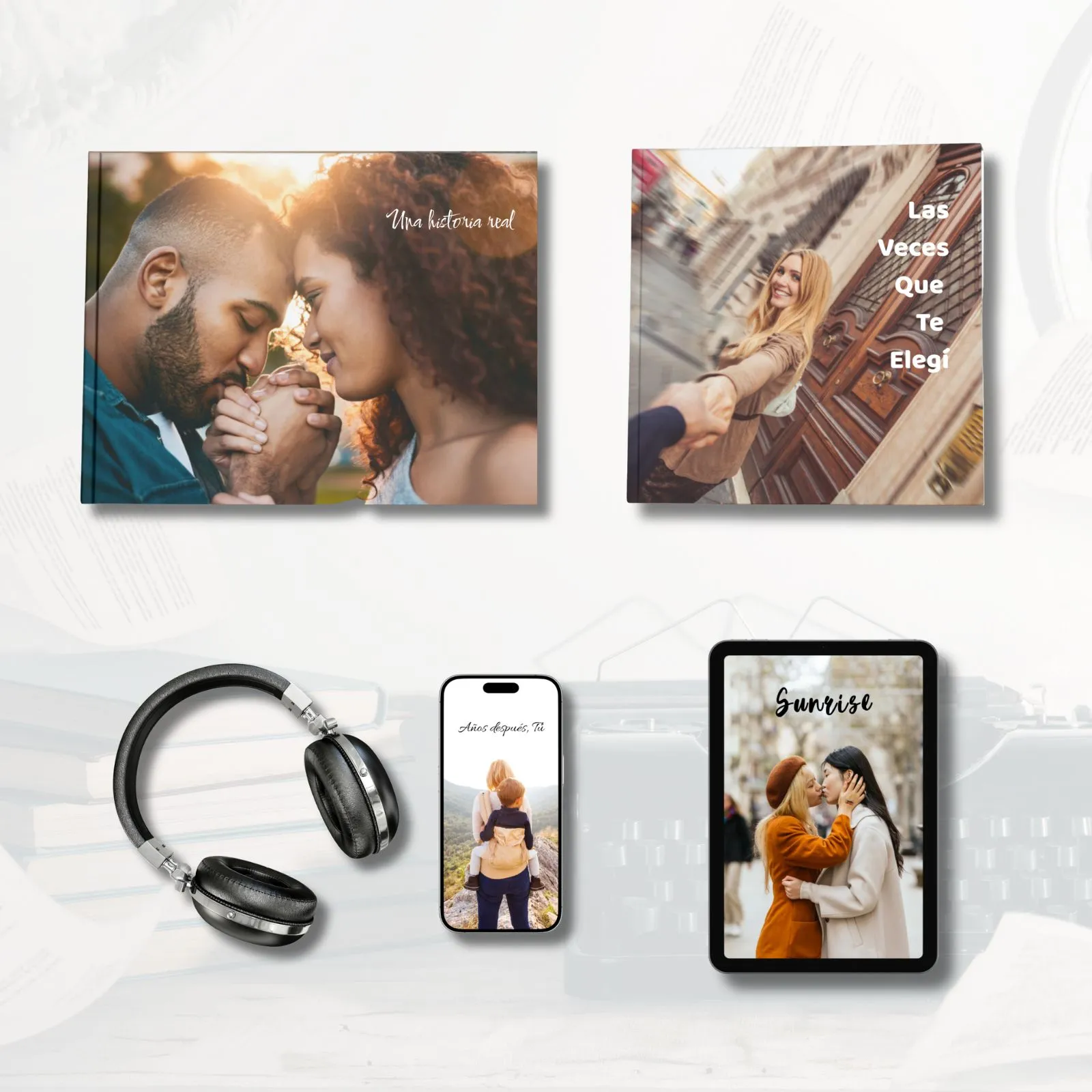 4 libros personalizados en 4 formatos diferentes: audiolibro, ebook. libro con fotos y sin fotos