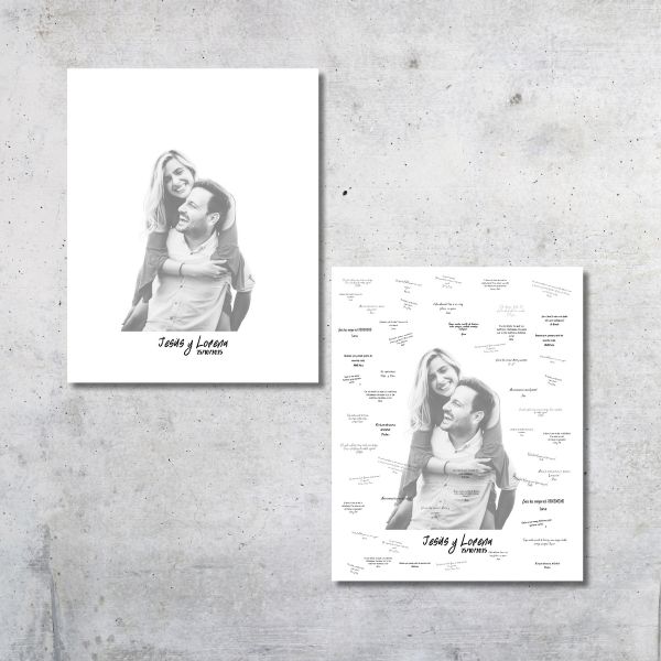Diseño personalizado de un lienzo de firmas con la fotografía de Jesús y Lorena y un fondo blanco para las firmas de sus invitados a la boda.
