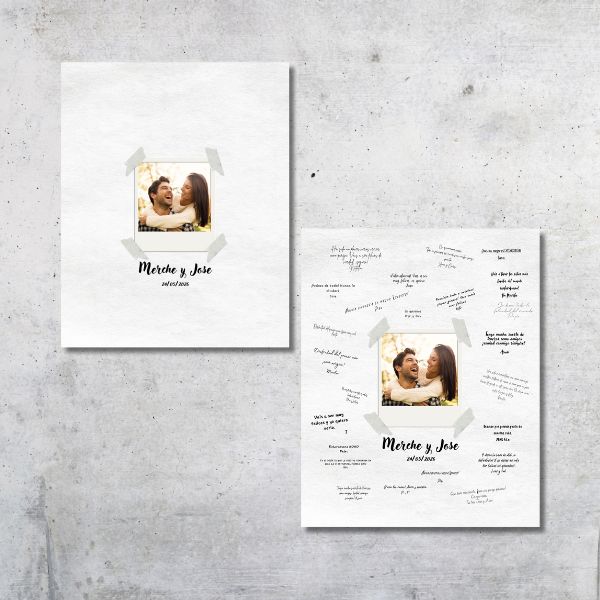 Ejemplo de lienzo de firmas para bodas con fotografía personalizada en un marco de fotos polaroid.