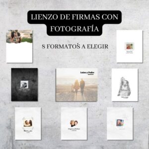 Muestra de lienzos de firmas personalizados con fotografías, 8 modelos para escoger desde la fotografía que cubre todo el lienzo a una fotografía en el centro.