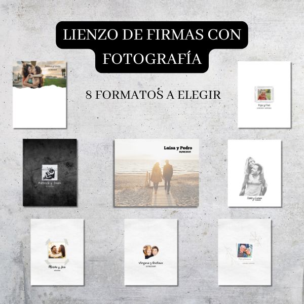 Muestra de lienzos de firmas personalizados con fotografías, 8 modelos para escoger desde la fotografía que cubre todo el lienzo a una fotografía en el centro.
