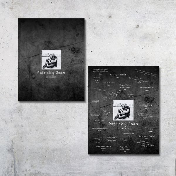 Muestra de lienzo de firmas con fotografía de Patrick y Joan sobre fondo oscuro y las firmas en blanco. Moderno y exclusivo.