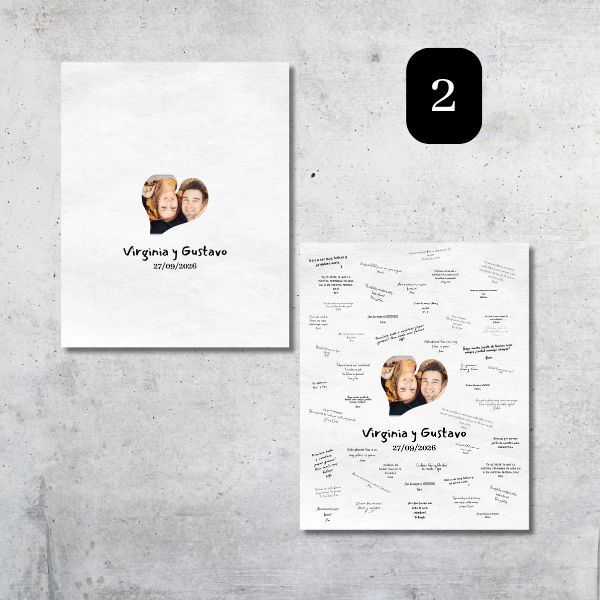 Lienzo de firmas digital personalizable con la fotografía de los novios en un marco con forma de corazón, sus nombres y su fecha