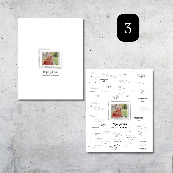 Lienzo de firmas en versión digital para bodas de plata personalizado con la foto del matrimonio, sus nombres y sus fechas. Todos sus seres queridos pueden firmarlo de recuerdo.