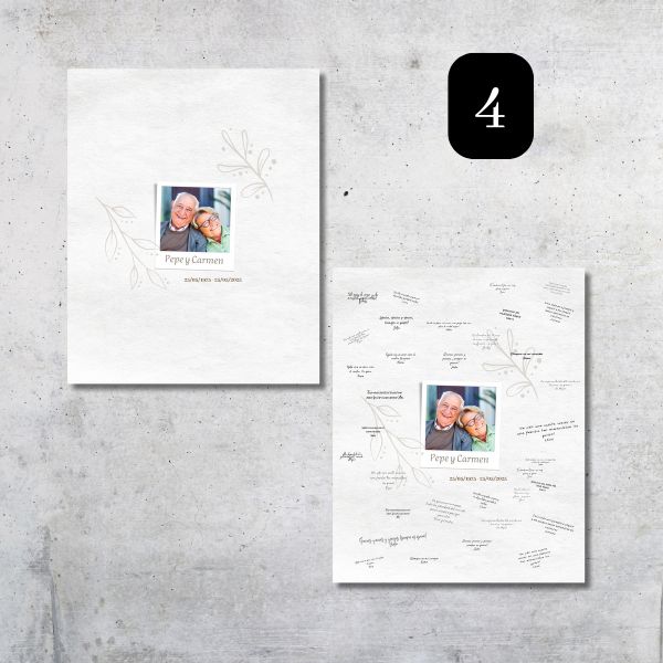 Lienzo de firmas para bodas de oro descargable y personalizado con la fotografía de la pareja, sus nombres y su fecha.