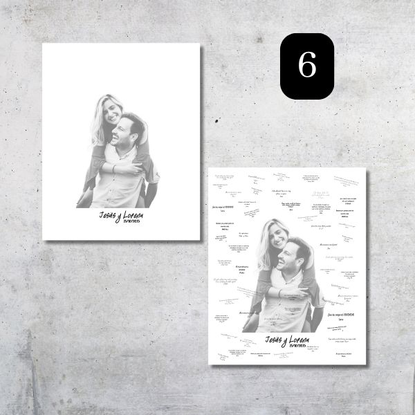 Lienzo de firmas con la fotografía personalizada de los novios solo en digital. El fondo es blanco para facilitar la firma de los invitados.