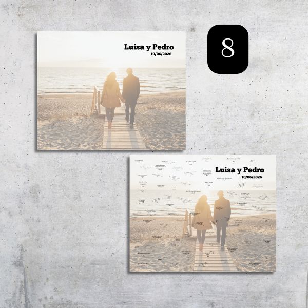 Lienzo de firmas con una fotografía a tamaño completo en la que los invitados firmarán donde quieran. Personalizable y descargable para imprimir donde quieras.