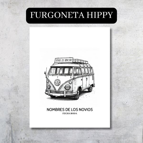 Lienzo de firmas o huellas con el diseño único y original de una furgoneta Volkswagen de los sesenta con el cartel "Vivan los novios" en blanco y negro. Perfecta para huellas en alegres colores o para las firmas de los invitados.
