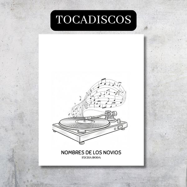 Lienzo para firmas o huellas con un diseño muy original de un tocadiscos del que salen notas musicales. Perfecto para novios amantes de la música que quieren originalidad.