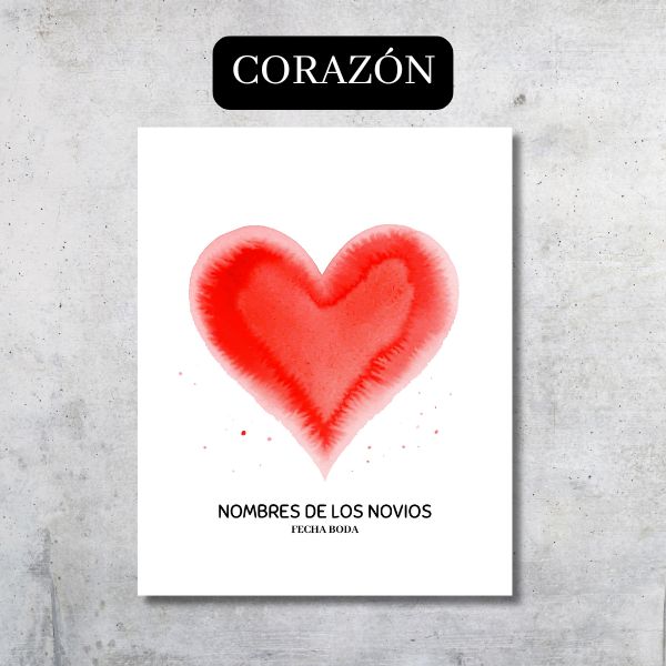 Lienzo de firmas con diseño de un corazón rojo pintado en acuarela es único y completamente original para que tu boda sea perfecta.