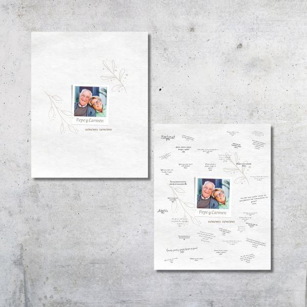 Diseño exclusivo de un lienzo de firmas con fotografía personalizada de Pepe y Carmen que cumplen 50 años de casados y han querido que su familia firme en el cuadro que colgarán en casa.