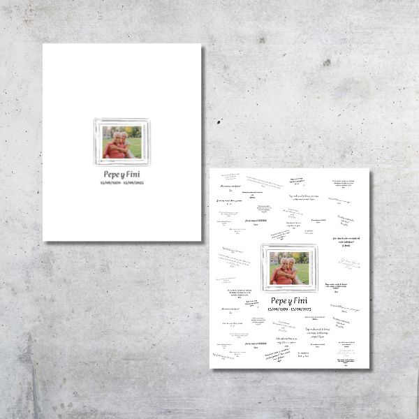 Muestra de un lienzo de firmas con la fotografía personalizada de una pareja que cumple sus bodas de oro y toda la familia ha firmado y dejado un mensaje en él.