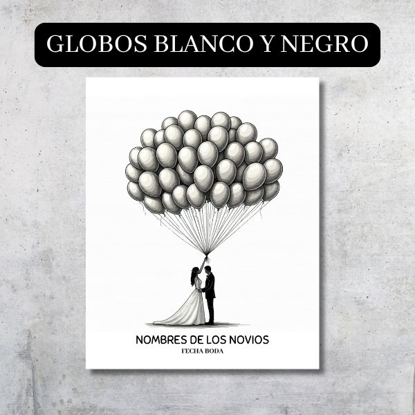 Lienzo con diseño original de globos para huellas. Al ser en blanco y negro puedes escoger los colores que más te gusten para las huellas de tus invitados.