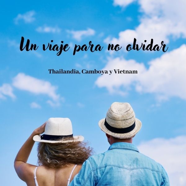 Portada de ejemplo con una pareja mirando el cielo de espaldas a nosotros. El título "Un viaje para no olvidar" y el subtítulo "Thailandia, Camboya y Vietnam" lo completan