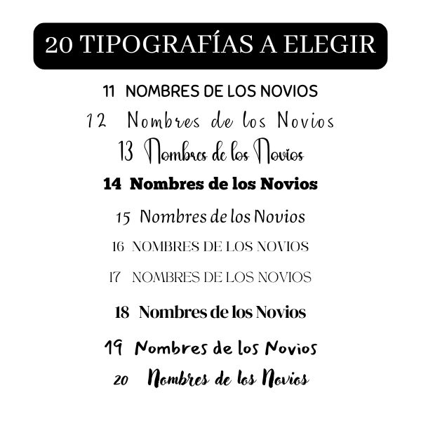 Ejemplo de las diferentes tipografías que pueden escoger para personalizar tu lienzo de firmas o huellas y que vuestros nombres y la fecha de vuestra boda queden perfectos.