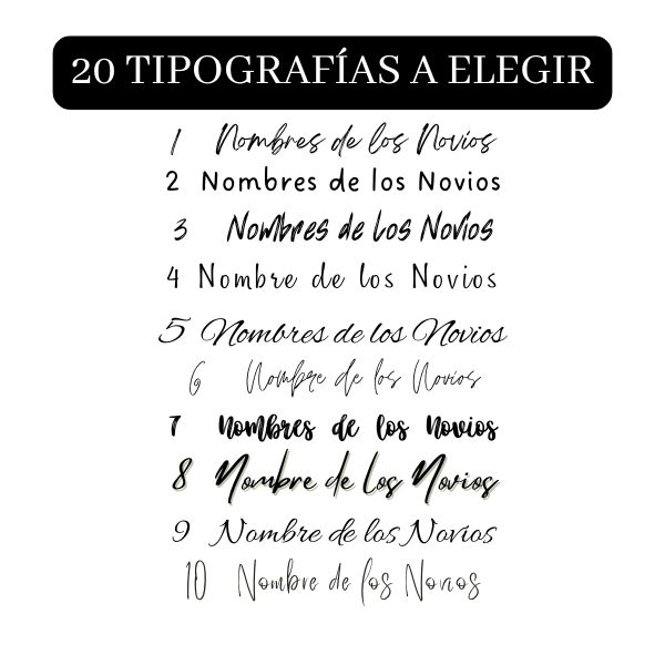 Muestra de tipografías disponibles para personalizar tu lienzo de firmas o huellas con los nombres y la fecha de la boda.