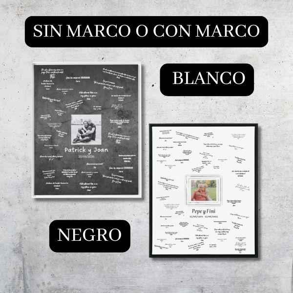 Tu lienzo de firmas con fotografía personalizada puede llevar marco de color negro o blanco para que encaje mejor en tu salón.