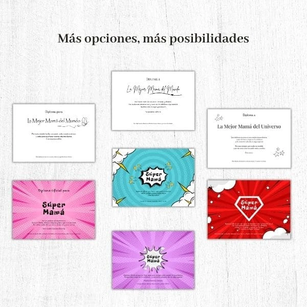 Variedad de diplomas para mamá incluidos en el pack descargable